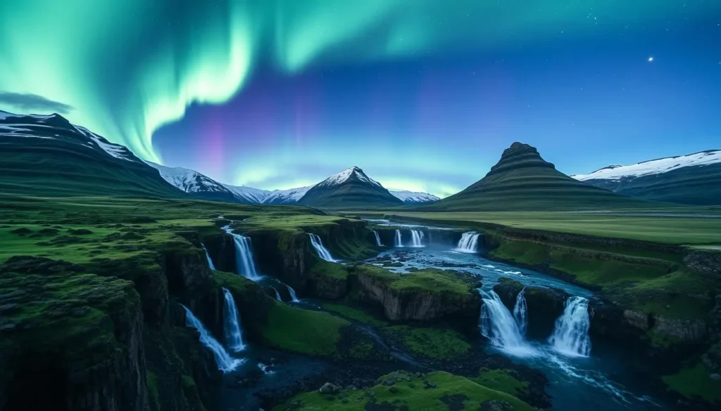 Northern lights over cascading waterfalls