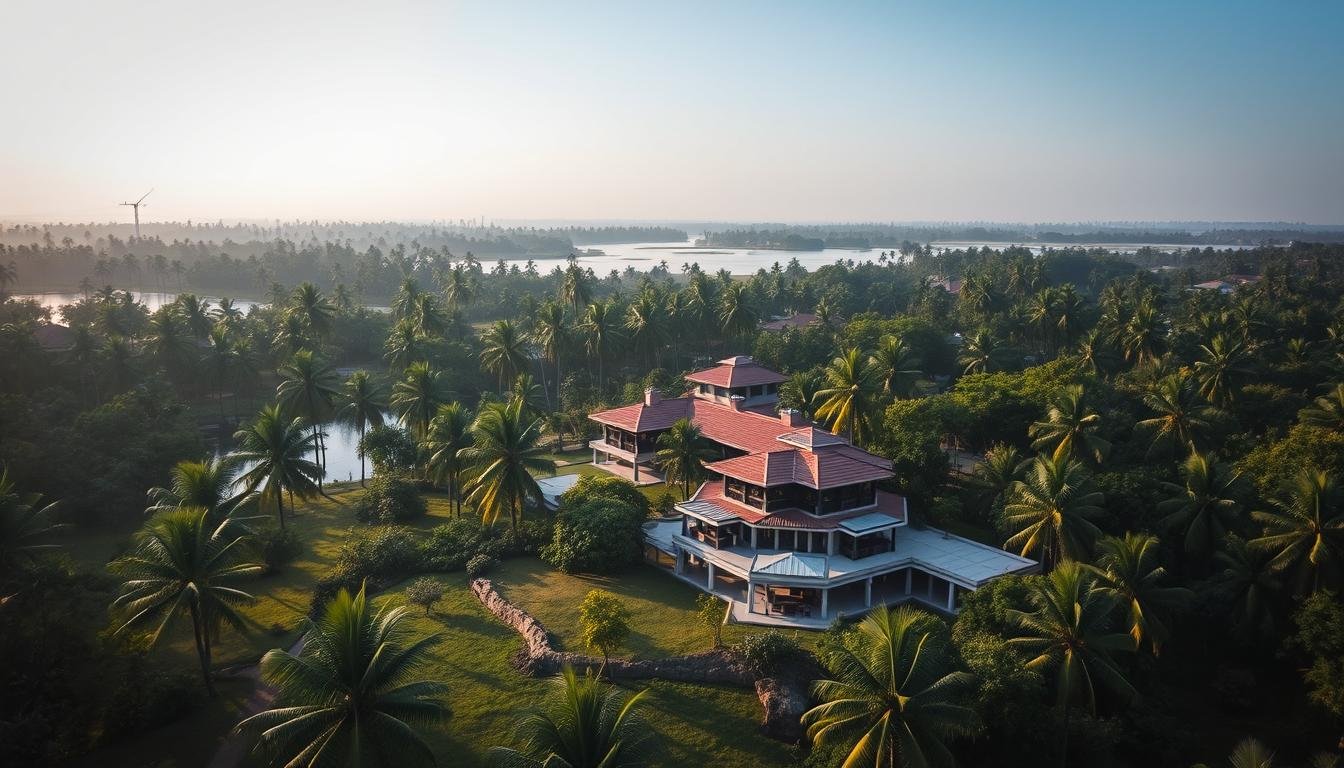 Aerial view of a wellness retreat in Kerala surrounded by lush greenery and backwaters