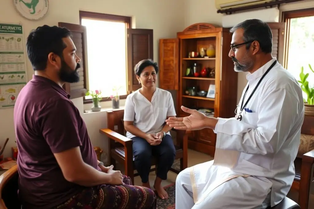 Ayurvedic doctor explaining treatment protocol to a guest with a translator present