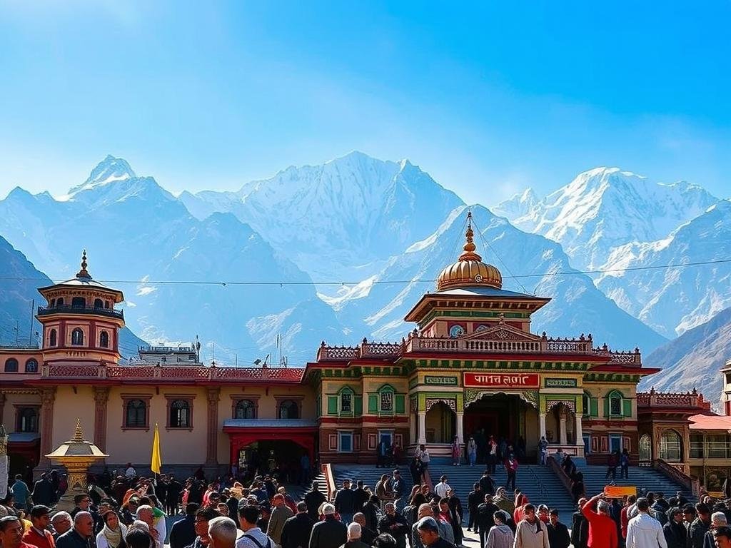 Badrinath Temple with colorful architecture and mountain backdrop