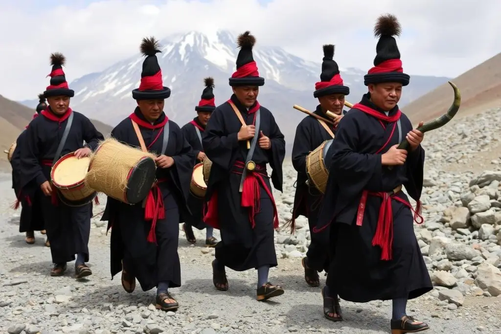 Bon practitioners performing counterclockwise Kora around Mount Kailash with ritual instruments