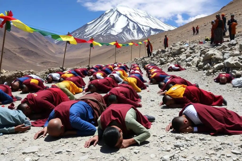 Buddhist pilgrims performing prostrations along the Kailash Outer Kora route