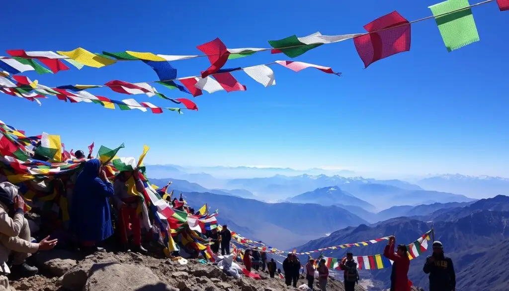 Colorful prayer flags at Dolma La Pass on the Kailash Outer Kora route
