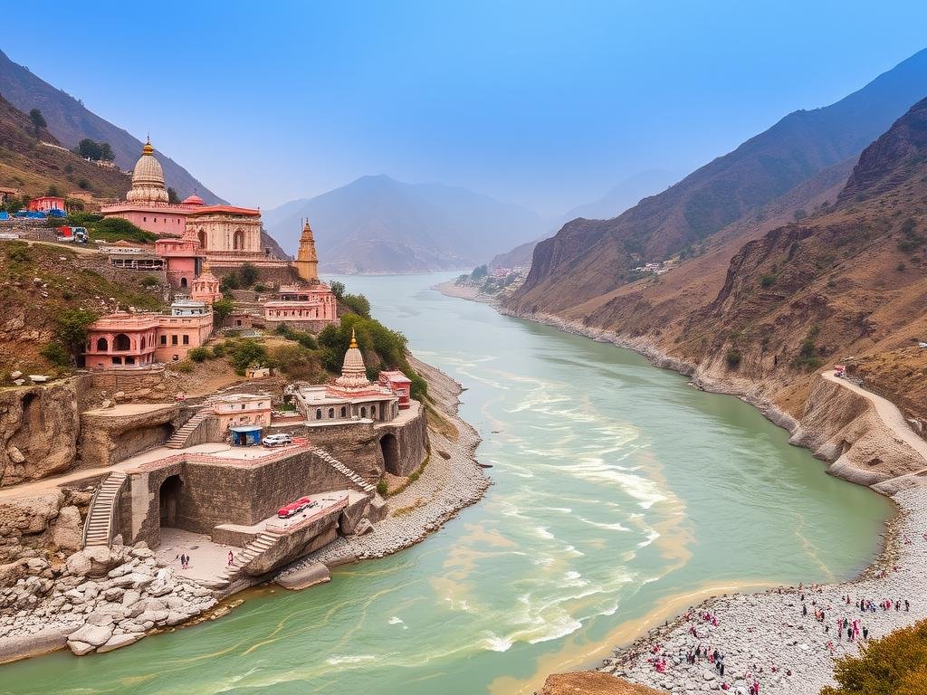 Confluence of rivers at Devprayag with temples on the riverbank