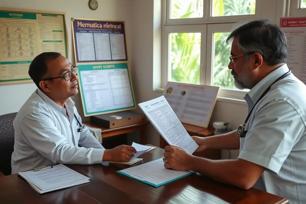 Doctor consultation at a Kerala Ayurvedic retreat with medical records being reviewed