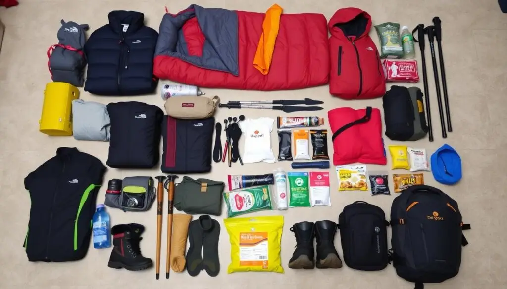 Essential gear and equipment laid out for a Mount Kailash pilgrimage trek