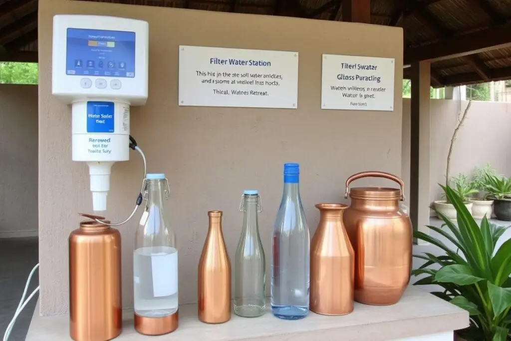 Filtered water station at a Kerala wellness retreat with reusable bottles