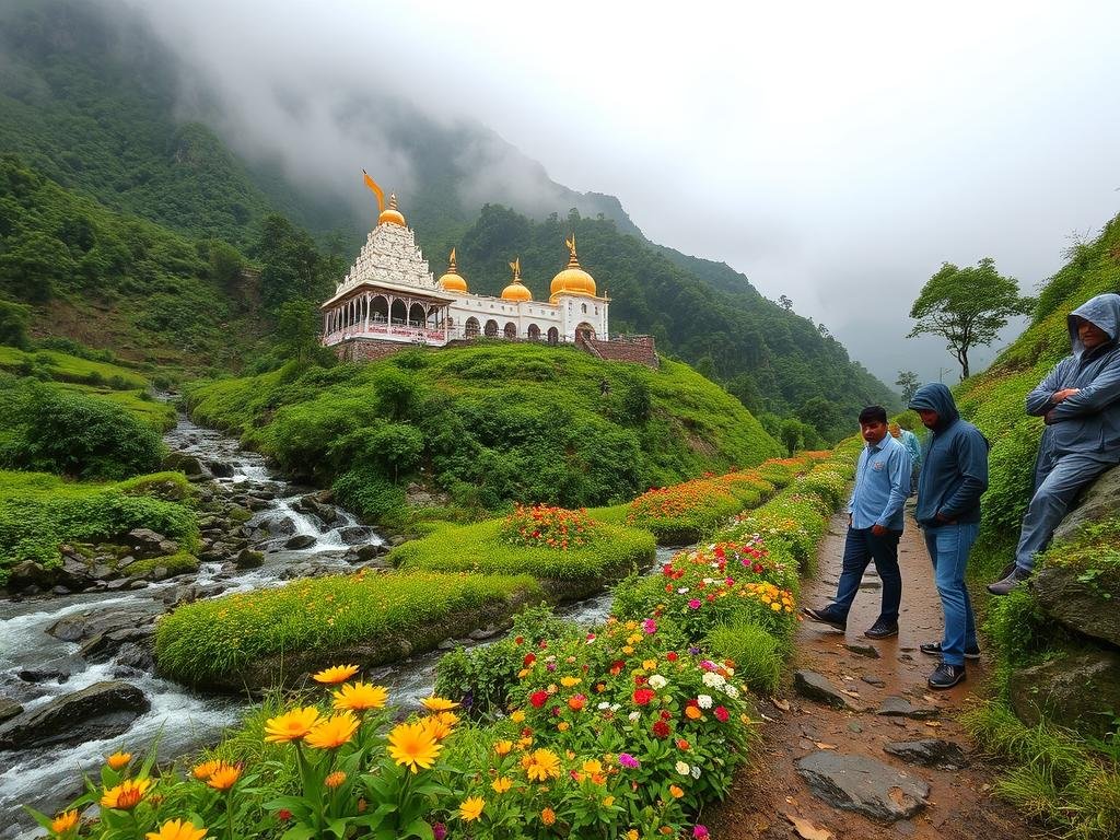 Hemkunt Sahib during monsoon season with lush greenery and flowing streams