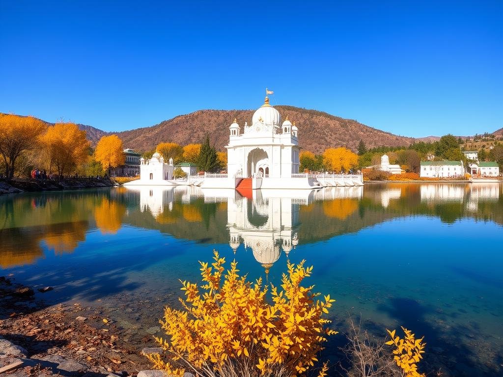 Hemkunt Sahib in autumn with clear skies and golden foliage