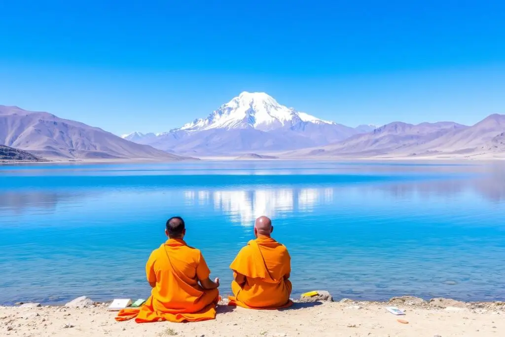 Hindu sadhus in traditional attire meditating near Lake Manasarovar with Mount Kailash in the background