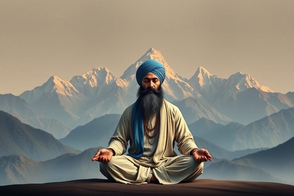 Historical image of Guru Gobind Singh Ji with Hemkunt Sahib in the background