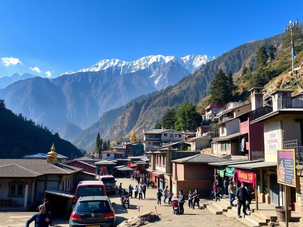 Joshimath town with temples and mountain backdrop