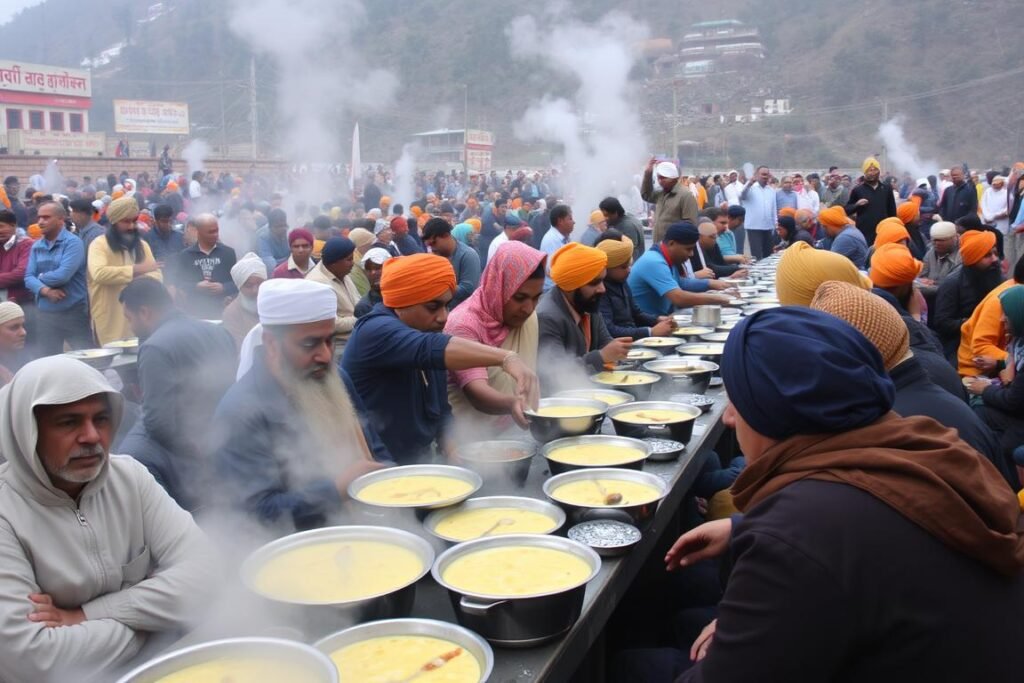 Langar service at Hemkunt Sahib with volunteers serving food to pilgrims