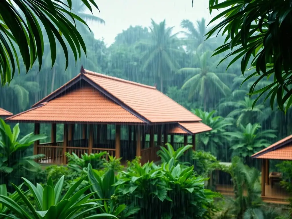 Monsoon rain falling on a Kerala wellness retreat surrounded by lush green vegetation