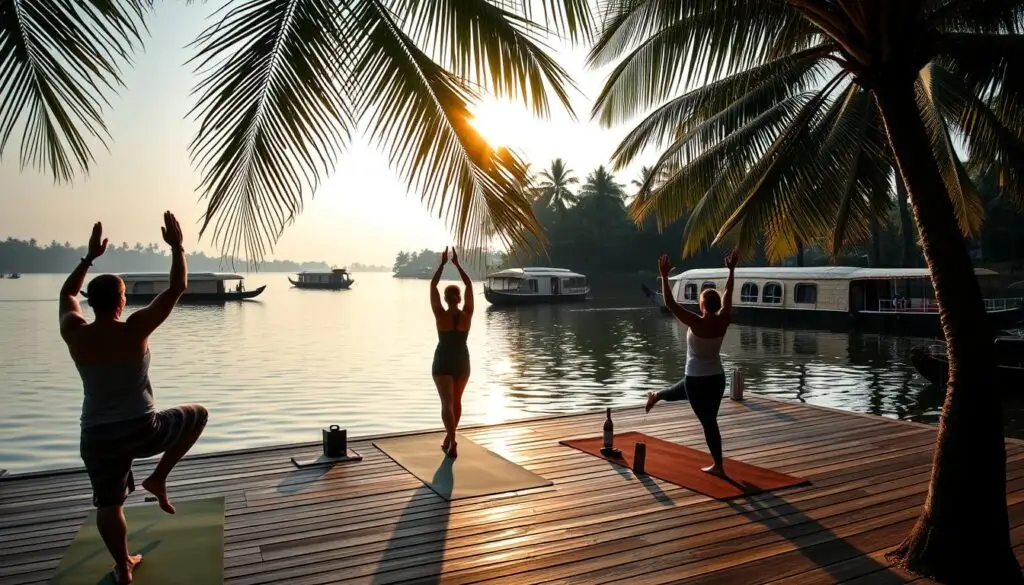 Morning yoga session on a platform overlooking Kerala's backwaters