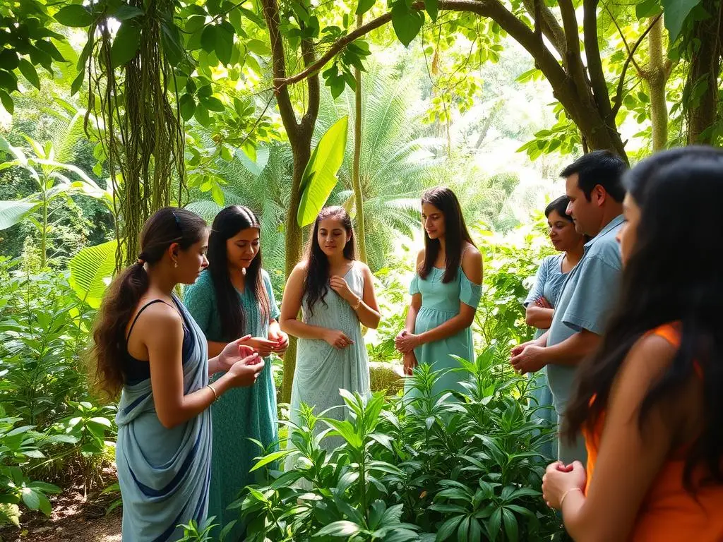 Nature therapy session in a Kerala spice garden with participants learning about medicinal plants