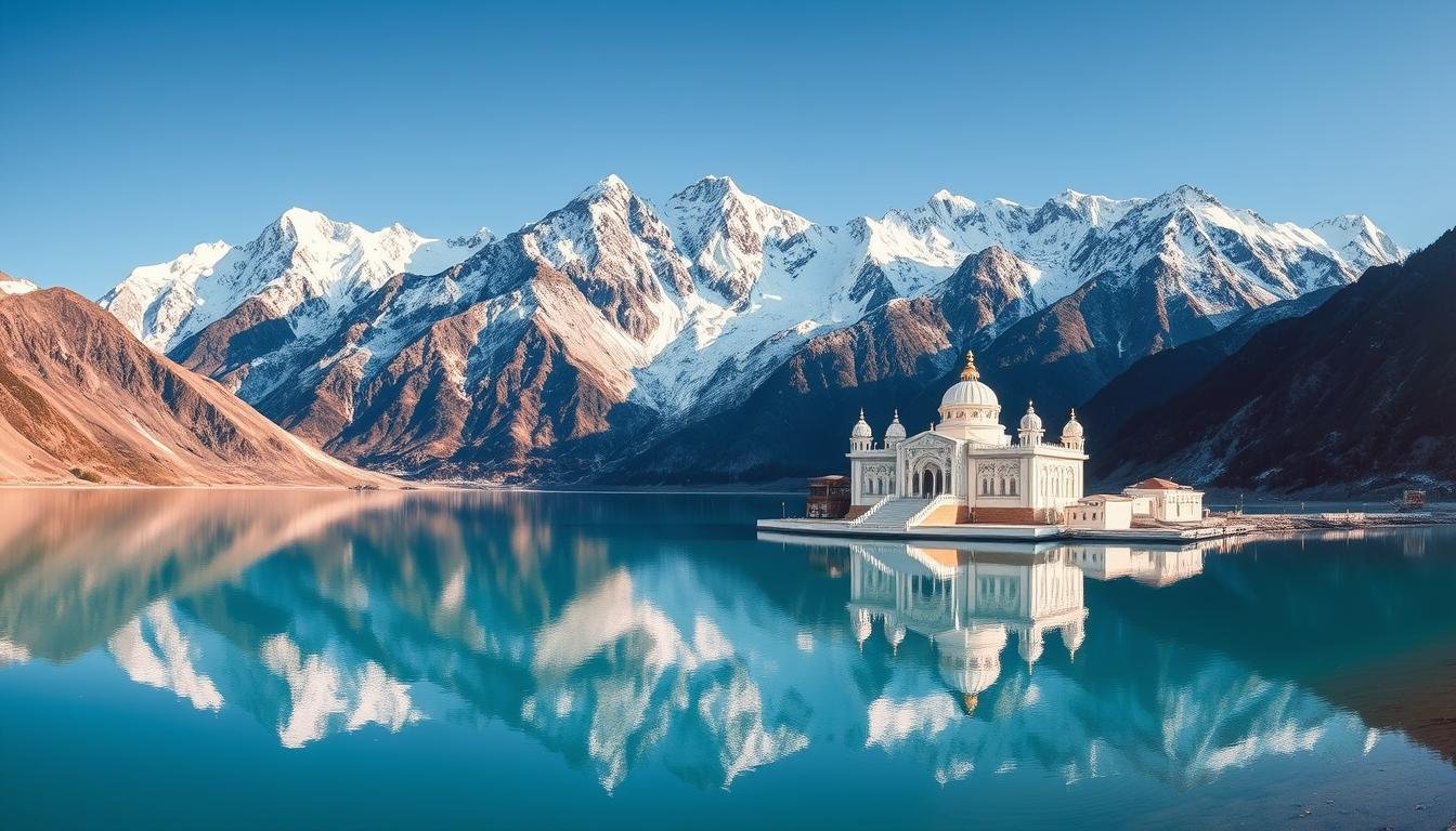 Panoramic view of Hemkunt Sahib Gurudwara with the sacred lake and surrounding Himalayan peaks