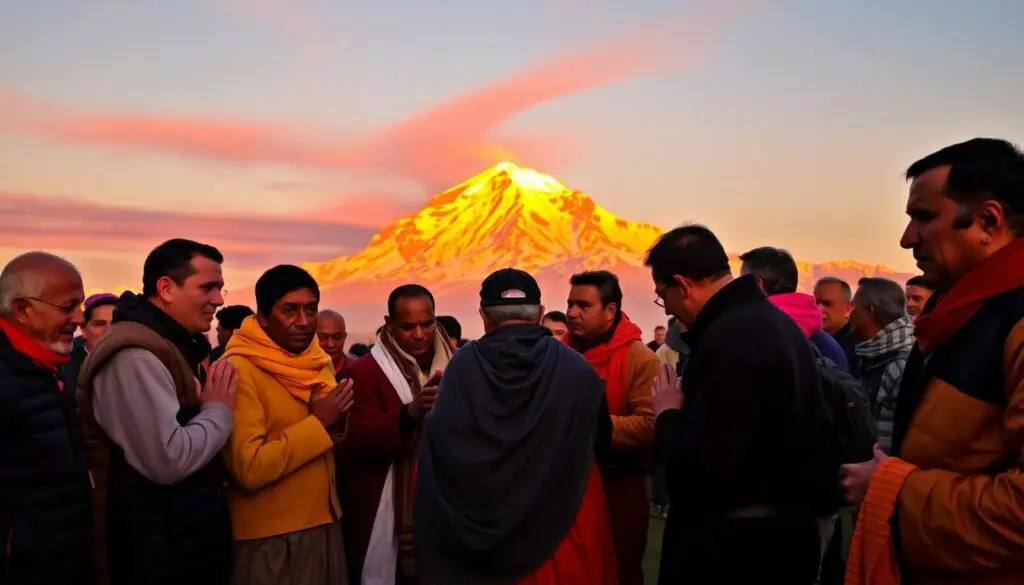 Pilgrims completing their Kailash Kora journey with Mount Kailash in the background at sunset
