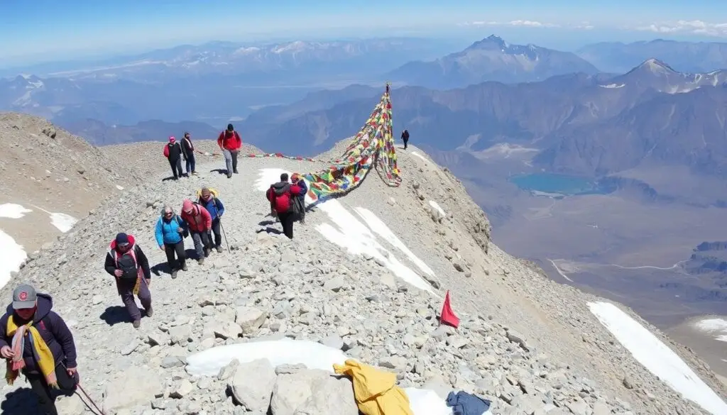 Pilgrims crossing the Dolma La Pass with prayer flags on day two of the Outer Kora