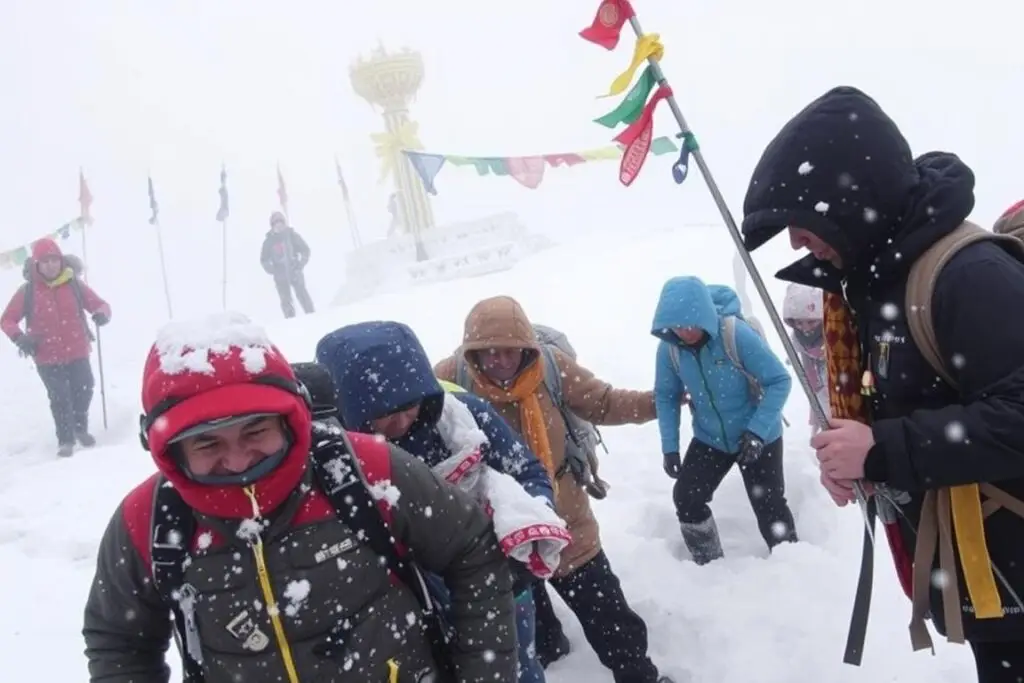 Pilgrims facing challenging weather conditions with snow at Dolma La Pass
