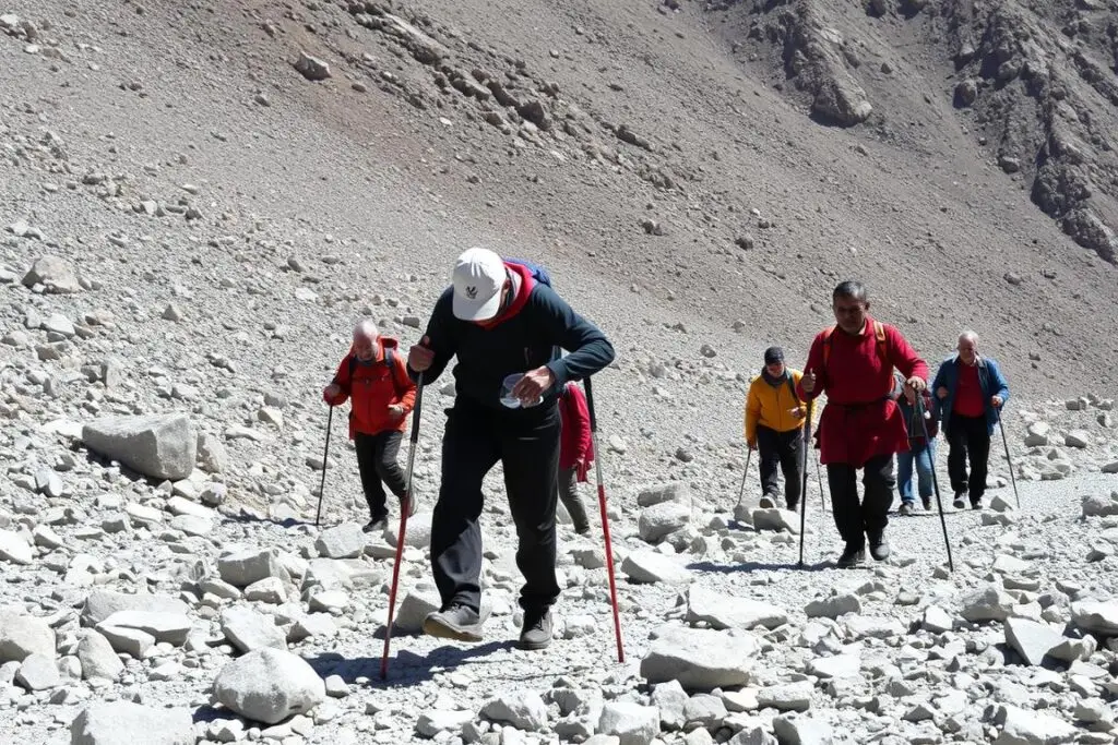 Pilgrims navigating physically demanding rocky terrain on the Kailash Kora