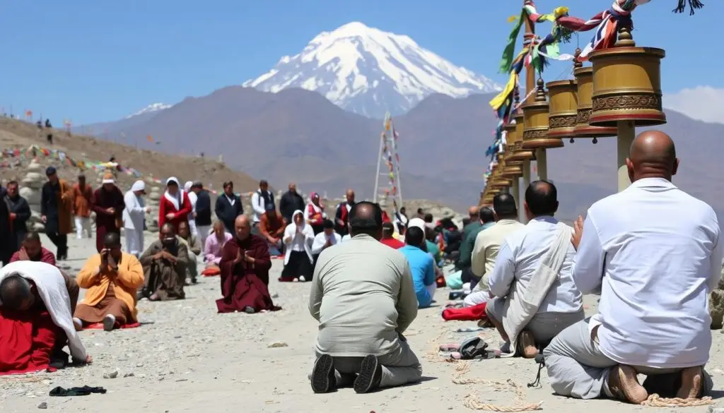 Pilgrims performing various rituals including prostrations and prayer wheel spinning on the Kailash Kora