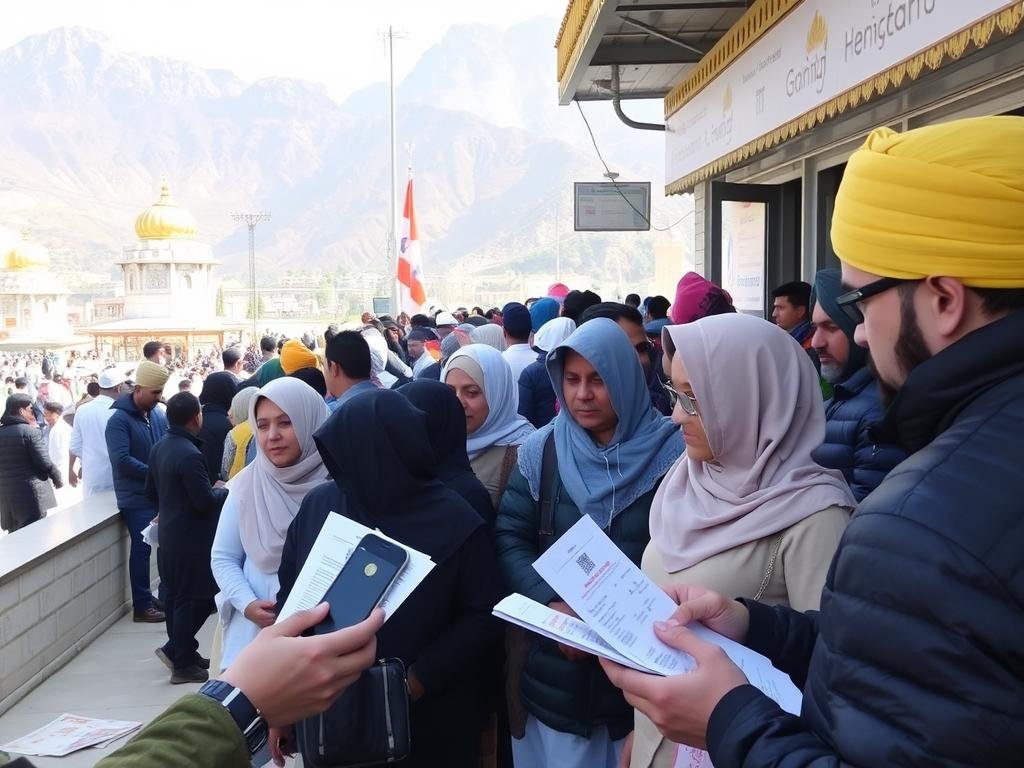 Pilgrims showing their registration QR codes at the Hemkunt Sahib verification point
