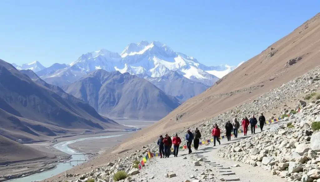 Pilgrims trekking from Darchen to Dirapuk Monastery on day one of the Outer Kora