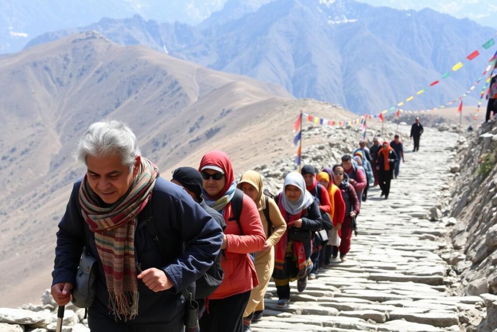 Pilgrims trekking on the steep path from Ghangaria to Hemkunt Sahib