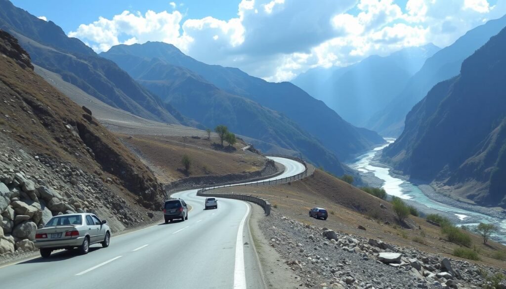 Road journey to Govindghat showing winding mountain roads along the Alaknanda river