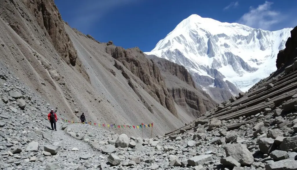 The challenging terrain of the Inner Kora route with the south face of Mount Kailash visible
