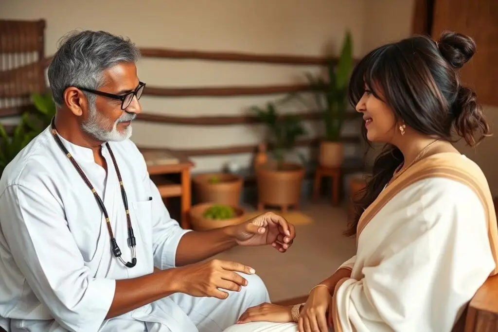 Traditional Ayurvedic doctor consulting with a guest at a Kerala wellness retreat