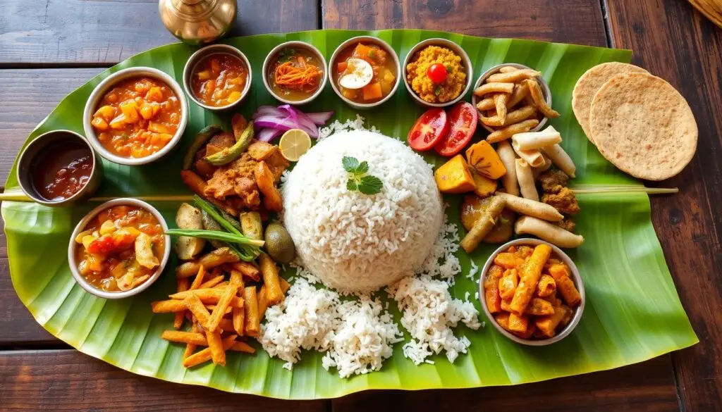 Traditional Kerala Ayurvedic vegetarian meal served on a banana leaf