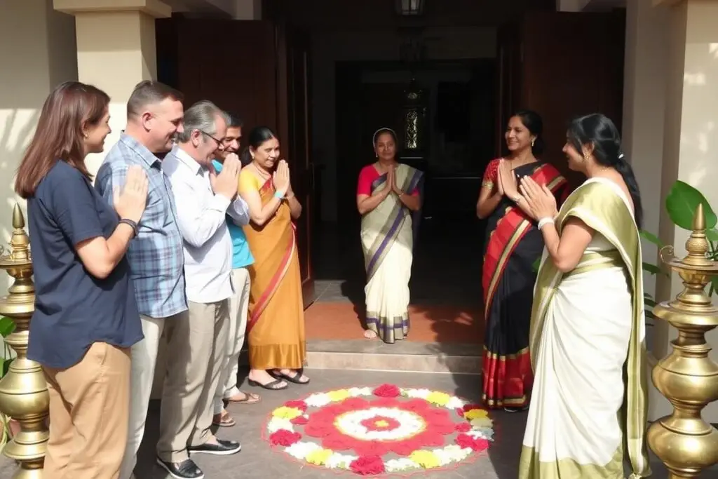 Western visitors greeting Kerala locals with traditional Namaste gesture