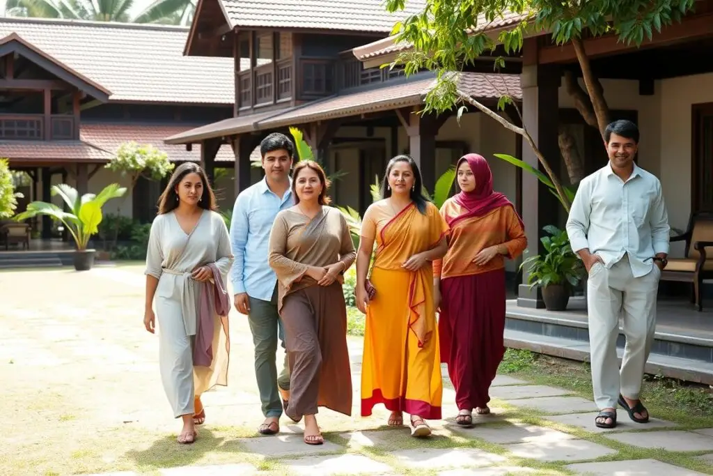 Western visitors wearing appropriate modest clothing at a Kerala wellness retreat