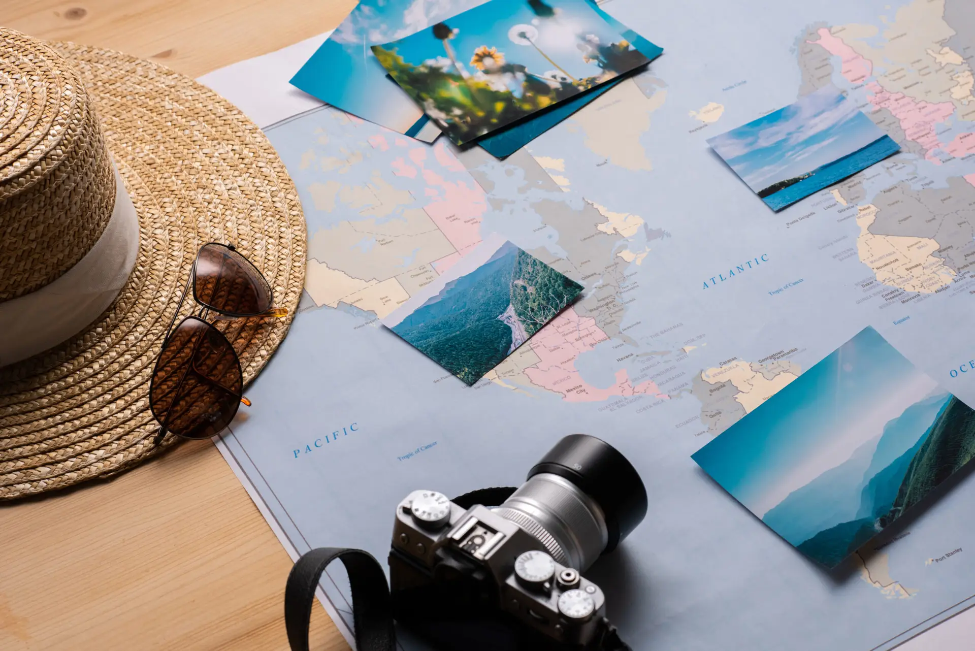 Travel essentials: map, camera, photos.