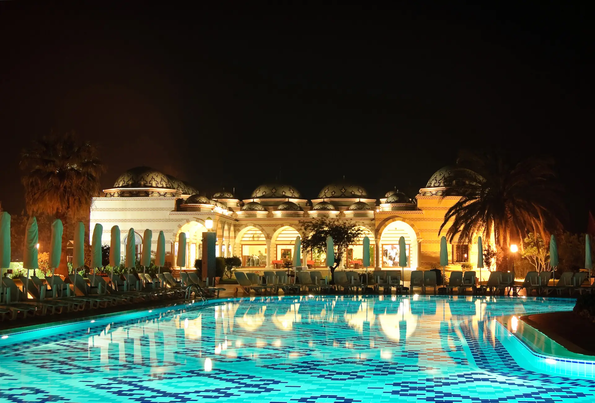Swimming Pool Area In Night Illumination, Antalya, Turkey