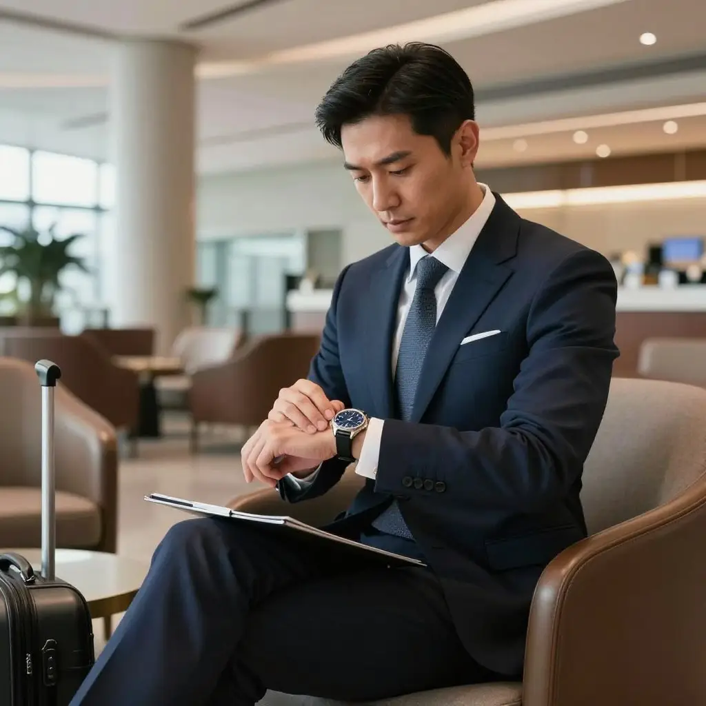 Business executive checking watch representing time-sensitive travel requiring Flight Booking Expertise