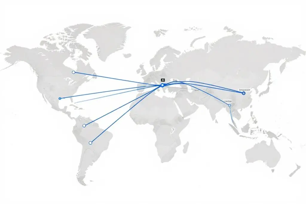 Complex flight routing map showing multiple connections requiring Flight Booking Expertise Complex flight routing map showing multiple connections requiring Flight Booking Expertise