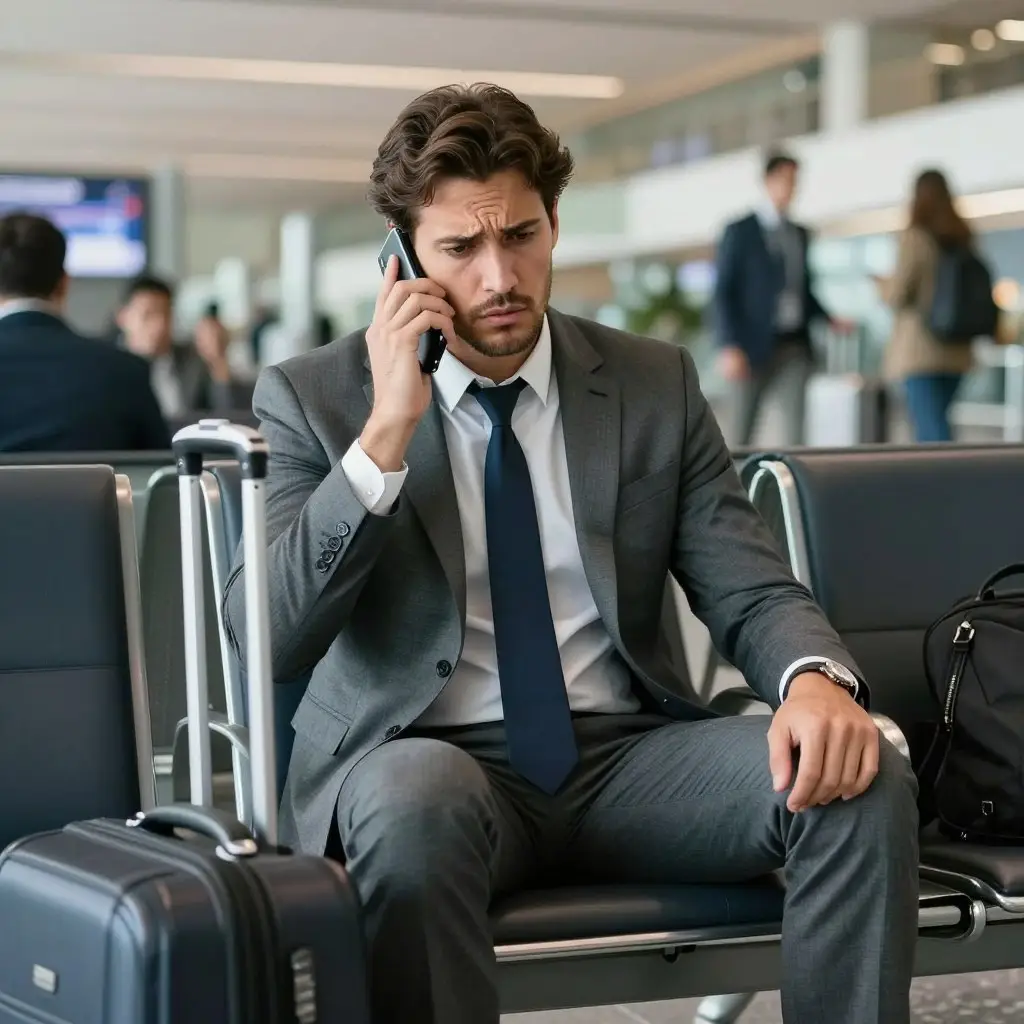 Frustrated traveler on hold with airline customer service due to lack of Flight Booking Expertise Frustrated traveler on hold with airline customer service due to lack of Flight Booking Expertise