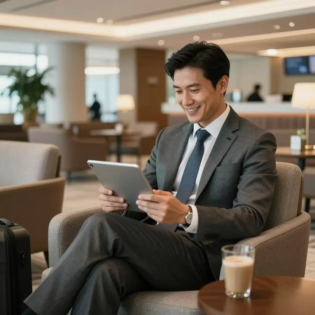 Relaxed traveler enjoying lounge while VH Luxe handles details with Flight Booking Expertise Relaxed traveler enjoying lounge while VH Luxe handles details with Flight Booking Expertise
