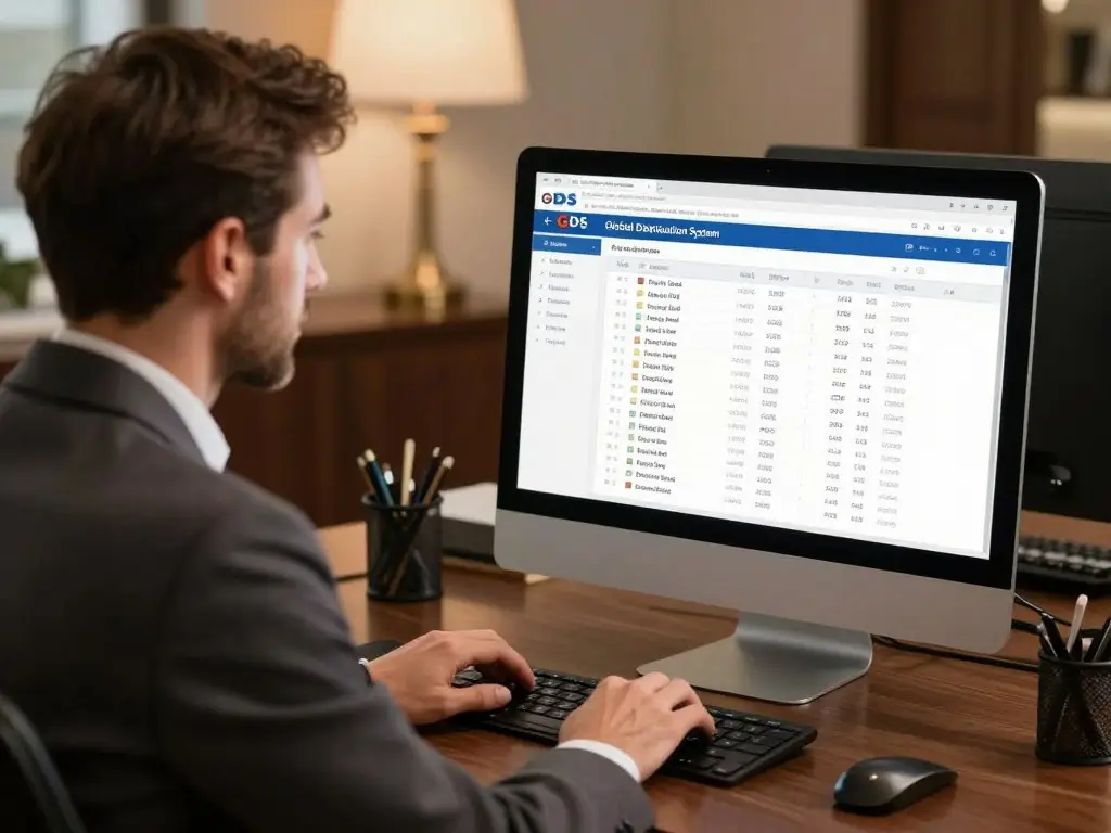Travel expert using GDS system to monitor flight changes demonstrating Flight Booking Expertise Travel expert using GDS system to monitor flight changes demonstrating Flight Booking Expertise