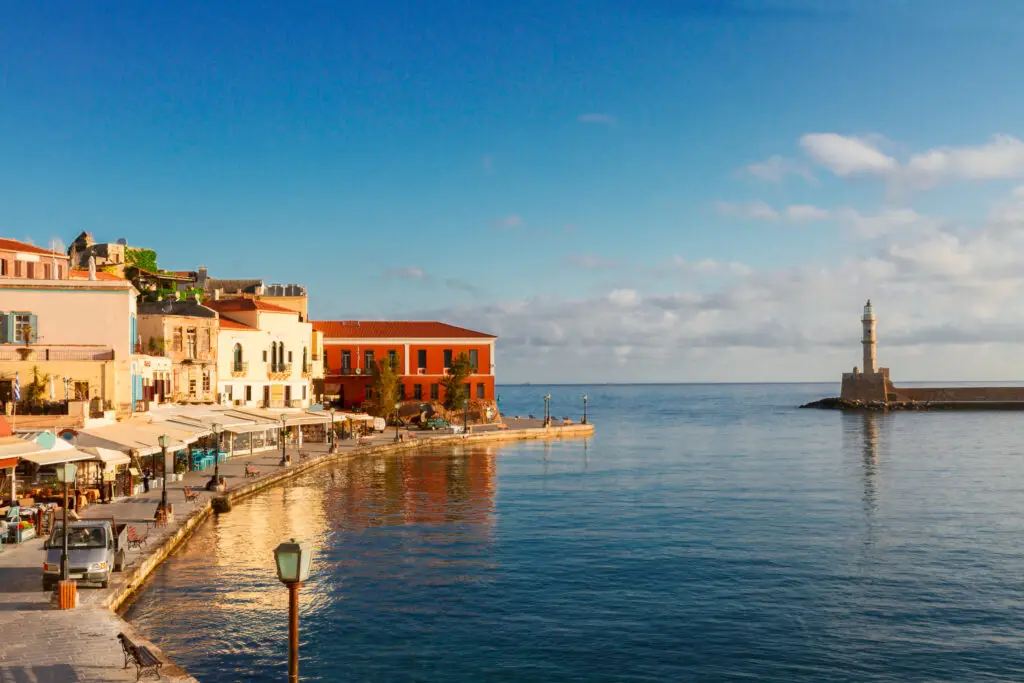Venetian harbor and waterfront buildings in Chania, Crete