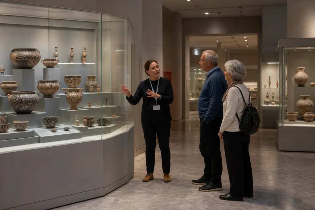 Scholar explaining Minoan pottery to two travelers in the Heraklion Archaeological Museum