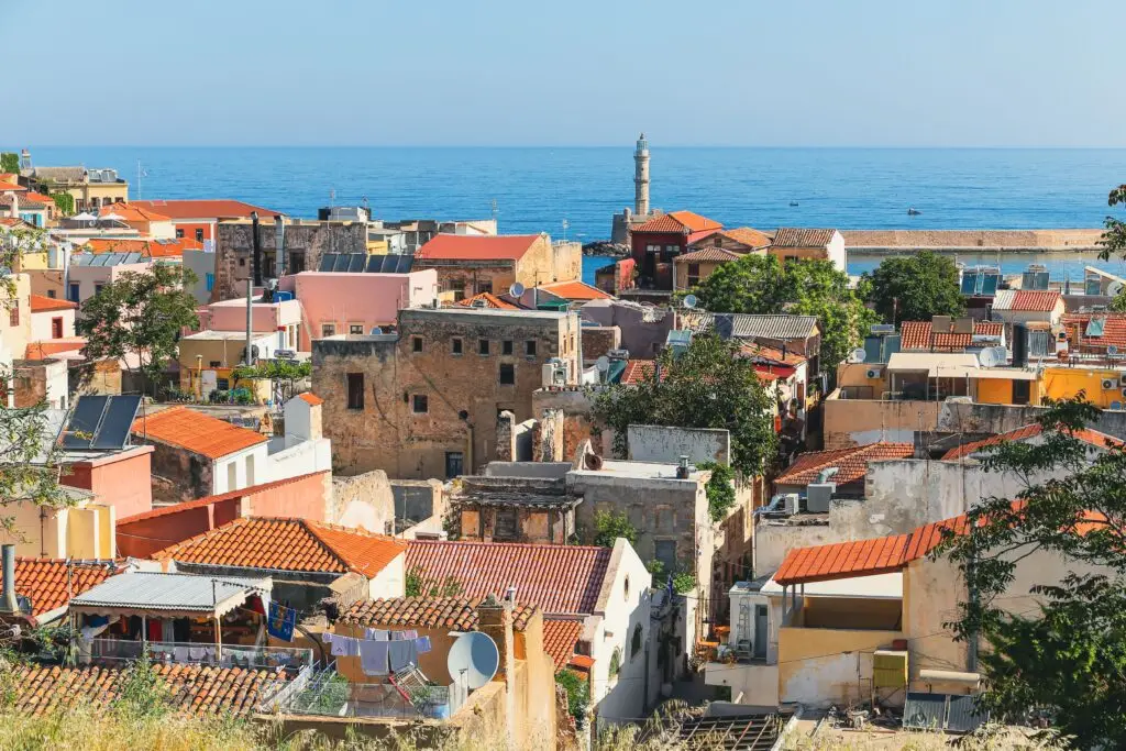 Aerial view of colorful rooftops and lanes in Chania Old Town, Crete