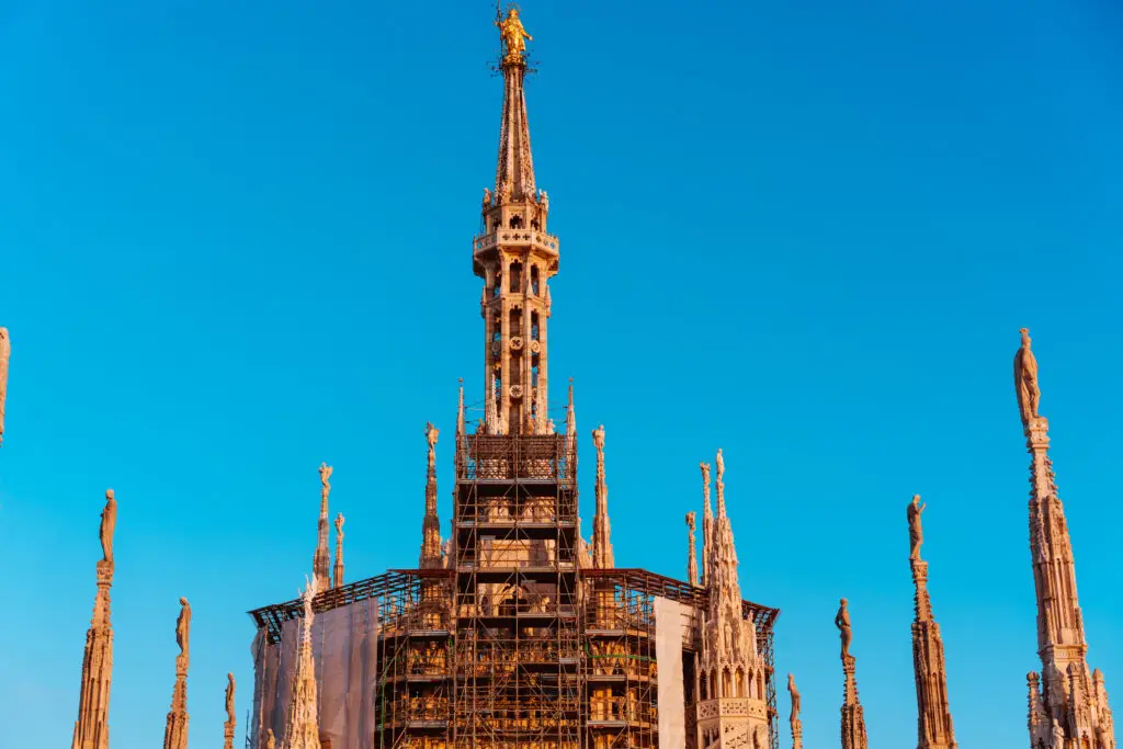 Gothic rooftop terraces and architectural details of Milan cathedral