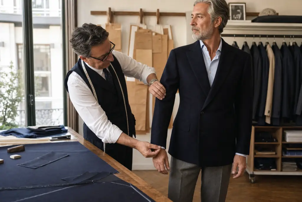 Milanese tailor adjusting a client’s jacket in a refined atelier