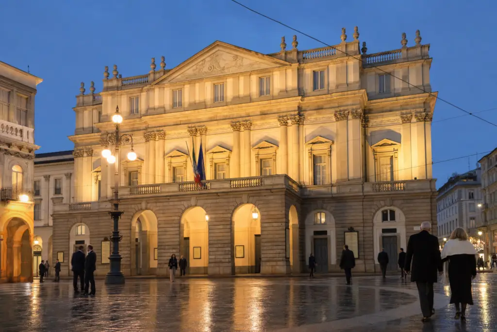 Teatro alla Scala in Milan at blue hour before an evening performance
