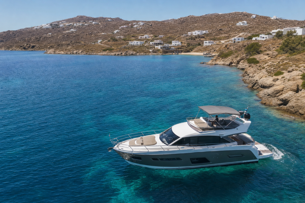 Private motor yacht cruising in clear Aegean water off the dry Cycladic coast of Mykonos