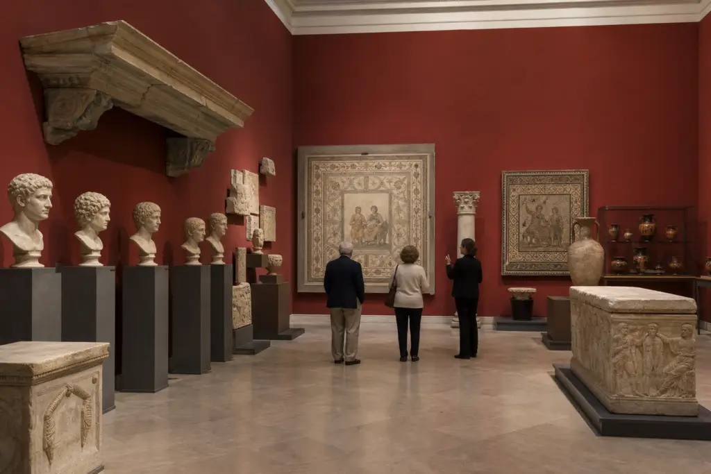 Scholar guiding two travelers through a gallery of Roman objects in Naples